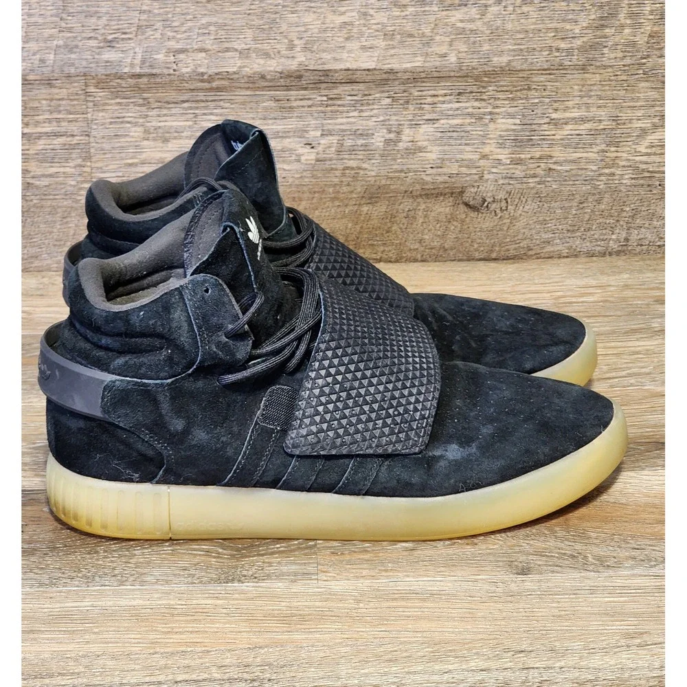 Adidas Mens 11.5 Tubular Invader Strap Sneakers Black Suede BB5037 2016 High Top